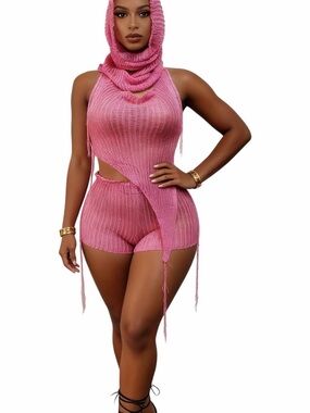 Pink Knit Two-Piece Hooded Crop Top & Shorts Set